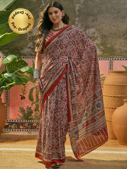 SATRANI - Maroon Printed Cotton Ready To Wear Saree with Unstitched Blouse