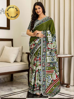 SATRANI - Olive Green Printed Ready To Wear Cotton Saree with Unstitched Blouse