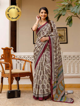 SATRANI - Beige Printed Ready To Wear Cotton Saree with Unstitched Blouse