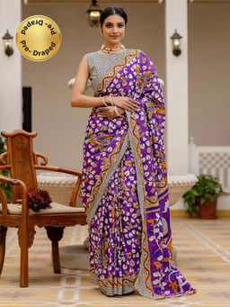 SATRANI - Lavender Printed Ready To Wear Cotton Saree with Unstitched Blouse