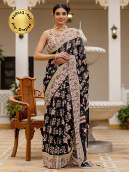 SATRANI - Black Printed Ready To Wear Cotton Saree with Unstitched Blouse