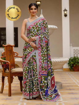 SATRANI - Dark Green Printed Ready To Wear Cotton Saree with Unstitched Blouse