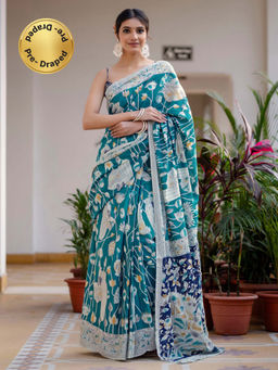 SATRANI - Teal Blue Printed Ready To Wear Cotton Saree with Unstitched Blouse