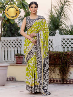 SATRANI - Lime Green Printed Ready To Wear Cotton Saree with Unstitched Blouse