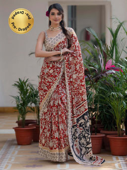 SATRANI - Maroon Printed Ready To Wear Cotton Saree with Unstitched Blouse