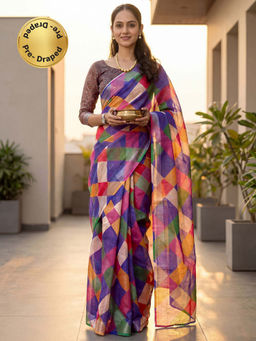 SATRANI - Multi-Color Printed Zari Border Ready To Wear Cotton Silk Saree with Unstitched Blouse