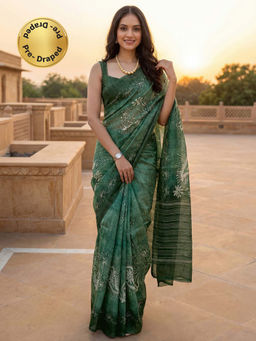 SATRANI - Dusty Green Printed (Ready To Wear) Cotton Silk Saree with Unstitched Blouse