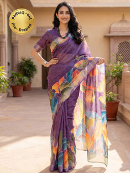 SATRANI - Violet Printed Ready To Wear Cotton Silk Saree with Unstitched Blouse