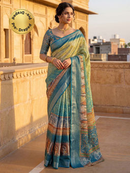 SATRANI - Teal Blue Printed Ready To Wear Cotton Silk Saree with Unstitched Blouse