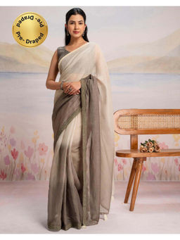 SATRANI - Khaki Ombre Linen Ready To Wear Saree with Unstitched Blouse