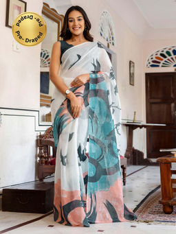 SATRANI - White Printed Linen Cotton Ready To Wear Saree with Unstitched Blouse