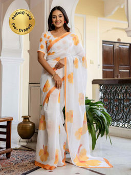 SATRANI - White Floral Printed Linen Cotton Ready To Wear Saree with Unstitched Blouse