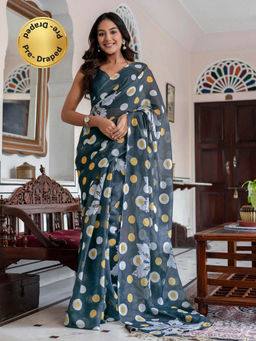 SATRANI - Charcoal Printed Linen Cotton Ready To Wear Saree with Unstitched Blouse