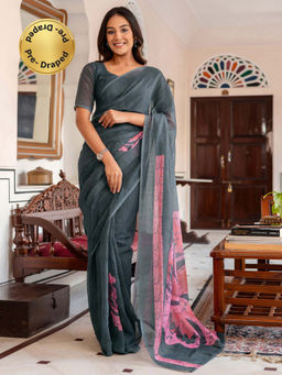 SATRANI - Printed Linen Cotton Ready To Wear Saree with Unstitched Blouse