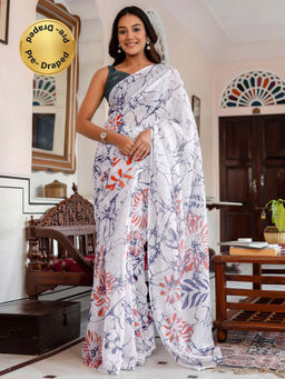 SATRANI - White Printed Linen Cotton Ready To Wear Saree with Unstitched Blouse