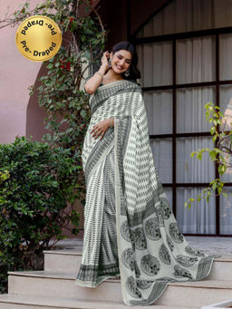 SATRANI - Beige Printed Silk Ready To Wear Saree with Unstitched Blouse