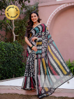 SATRANI - Multi-Color Floral Printed Linen Cotton Ready To Wear Saree with Unstitched Blouse
