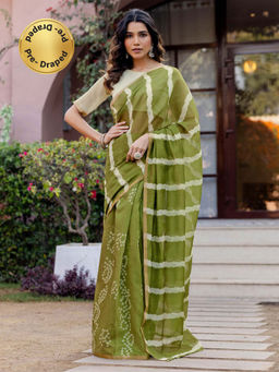 SATRANI - Green Printed Linen Cotton Ready To Wear Saree with Unstitched Blouse