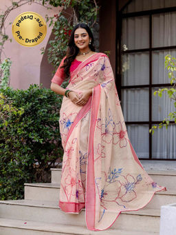 SATRANI - Peach Floral Printed Linen Ready To Wear Saree with Unstitched Blouse