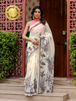 SATRANI - Cream Printed Linen Ready To Wear Saree with Unstitched Blouse