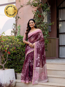SATRANI - Dusty Wine Floral Printed Linen Ready To Wear Saree with Unstitched Blouse