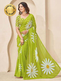 SATRANI - Parrot Green Floral Printed Georgette Ready To Wear Saree with Unstitched Blouse