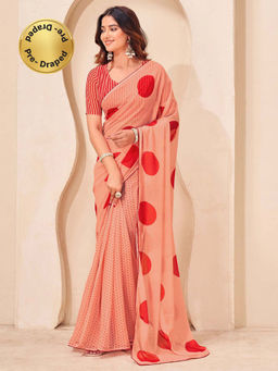 SATRANI - Peach Polka Dot Printed Georgette Ready To Wear Saree with Unstitched Blouse
