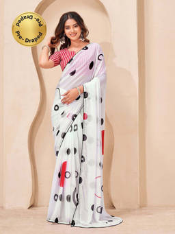 SATRANI - White Printed Georgette Ready To Wear Saree with Unstitched Blouse