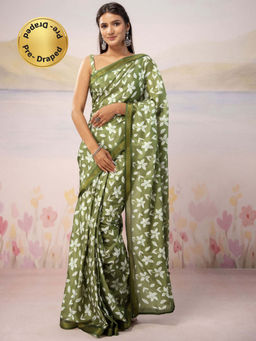 SATRANI - Olive Floral Printed Silk Ready To Wear Saree with Unstitched Blouse
