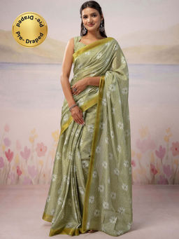 SATRANI - Olive Printed Silk Ready To Wear Saree with Unstitched Blouse