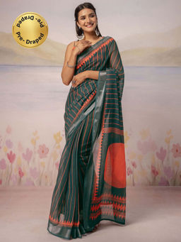 SATRANI - Stripes Printed Linen Ready To Wear Saree with Unstitched Blouse