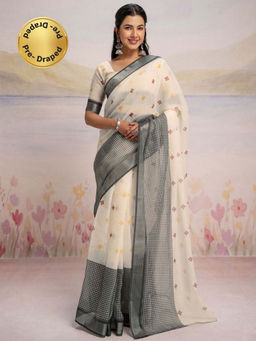 SATRANI - Off White Printed Linen Ready To Wear Saree with Unstitched Blouse