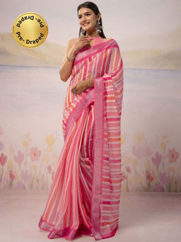 SATRANI - Stripes Printed Linen Ready To Wear Saree with Unstitched Blouse