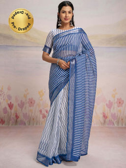 SATRANI - White Printed Linen Ready To Wear Saree with Unstitched Blouse