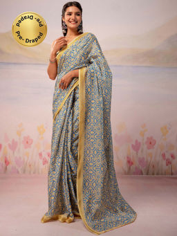 SATRANI - Light Blue Printed Silk Ready To Wear Saree with Unstitched Blouse