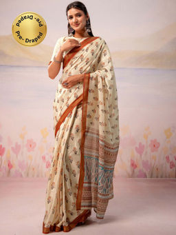 SATRANI - Cream Floral Printed Silk Ready To Wear Saree with Unstitched Blouse