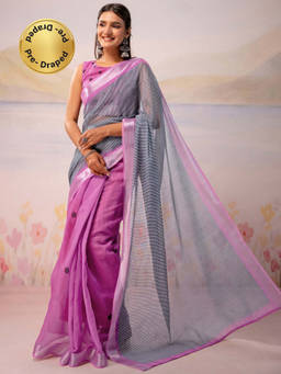 SATRANI - Dusty Pink Stripes Printed Linen Ready To Wear Saree with Unstitched Blouse