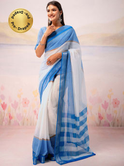 SATRANI - White Printed Linen Ready To Wear Saree with Unstitched Blouse