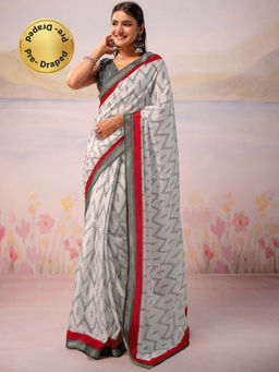 SATRANI - White Printed Silk Ready To Wear Saree with Unstitched Blouse