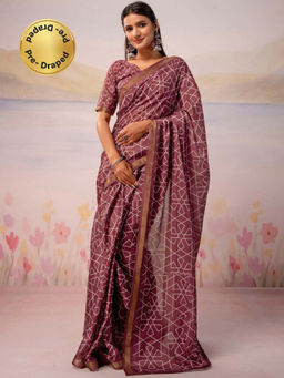 SATRANI - Dusty Wine Printed Silk Ready To Wear Saree with Unstitched Blouse