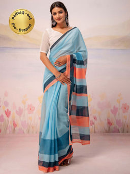 SATRANI - Sky Blue Stripes Printed Linen Ready To Wear Saree with Unstitched Blouse