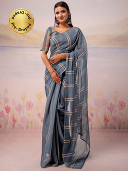 SATRANI - Grey Stripes Printed Linen Ready To Wear Saree with Unstitched Blouse