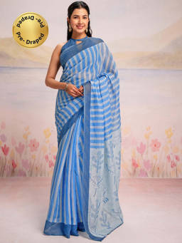 SATRANI - Blue Printed Linen Ready To Wear Saree with Unstitched Blouse