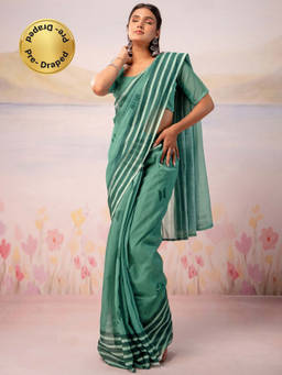 SATRANI - Dusty Mint Green Printed Linen Ready To Wear Saree with Unstitched Blouse