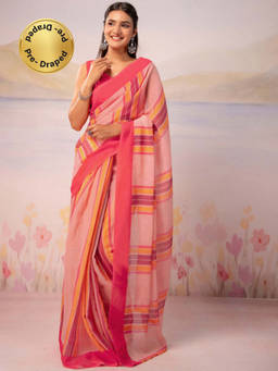 SATRANI - Peach Stripes Printed Linen Ready To Wear Saree with Unstitched Blouse