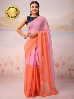 SATRANI - Pink and Blouse Colorblock Linen Ready To Wear Saree with Unstitched Blouse