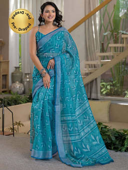 SATRANI - Blue Printed Linen Ready To Wear Saree with Unstitched Blouse