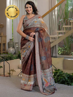 SATRANI - Dark Brown Printed Linen Ready To Wear Saree with Unstitched Blouse