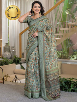 SATRANI - Dark Green Floral Printed Linen Ready To Wear Saree with Unstitched Blouse