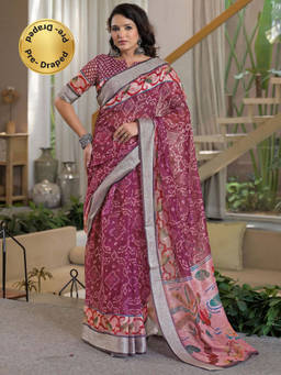 SATRANI - Magenta Printed Linen Ready To Wear Saree with Unstitched Blouse